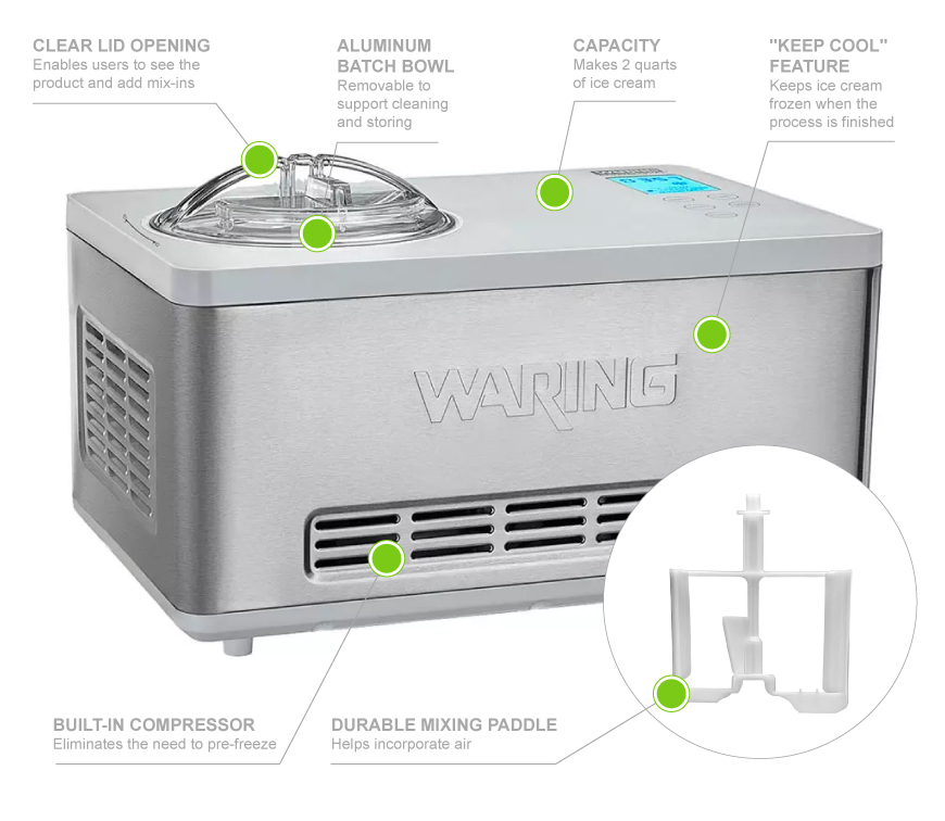 Waring WCIC20 2 qt Electric Ice Cream Maker - Stainless, 120v